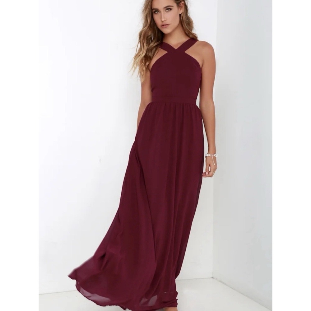 Lulus Burgundy Crisscross Halter Maxi Dress Size M Formal Wedding Guest Gown